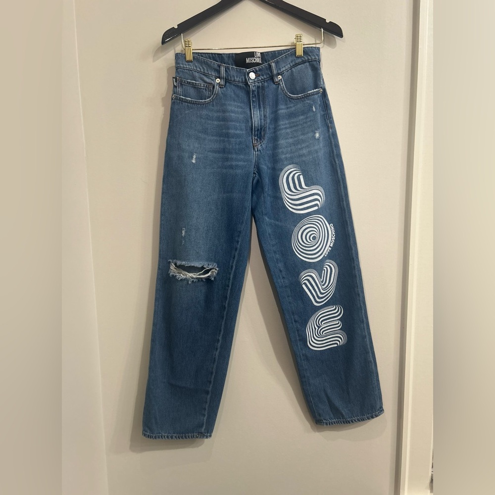 Moschino Blue Jeans with White 'Love' Graphic - Picture 2 of 6